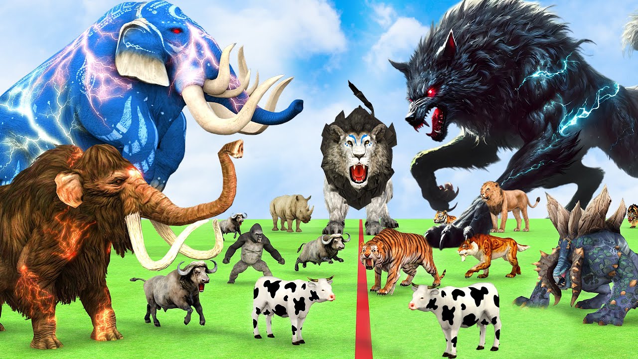 5 Giant Mammoth Elephant Cow Vs Giant Wolf Attack Vs 5 Giant Lion Tiger Saved By Woolly Mammoth