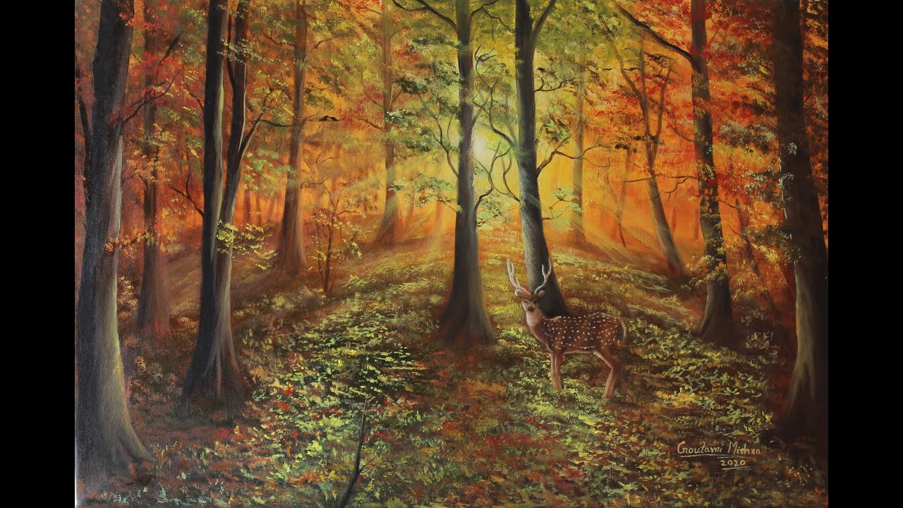 Sunlight in woods oil painting - Landscape with Deer by Goutami Mishra