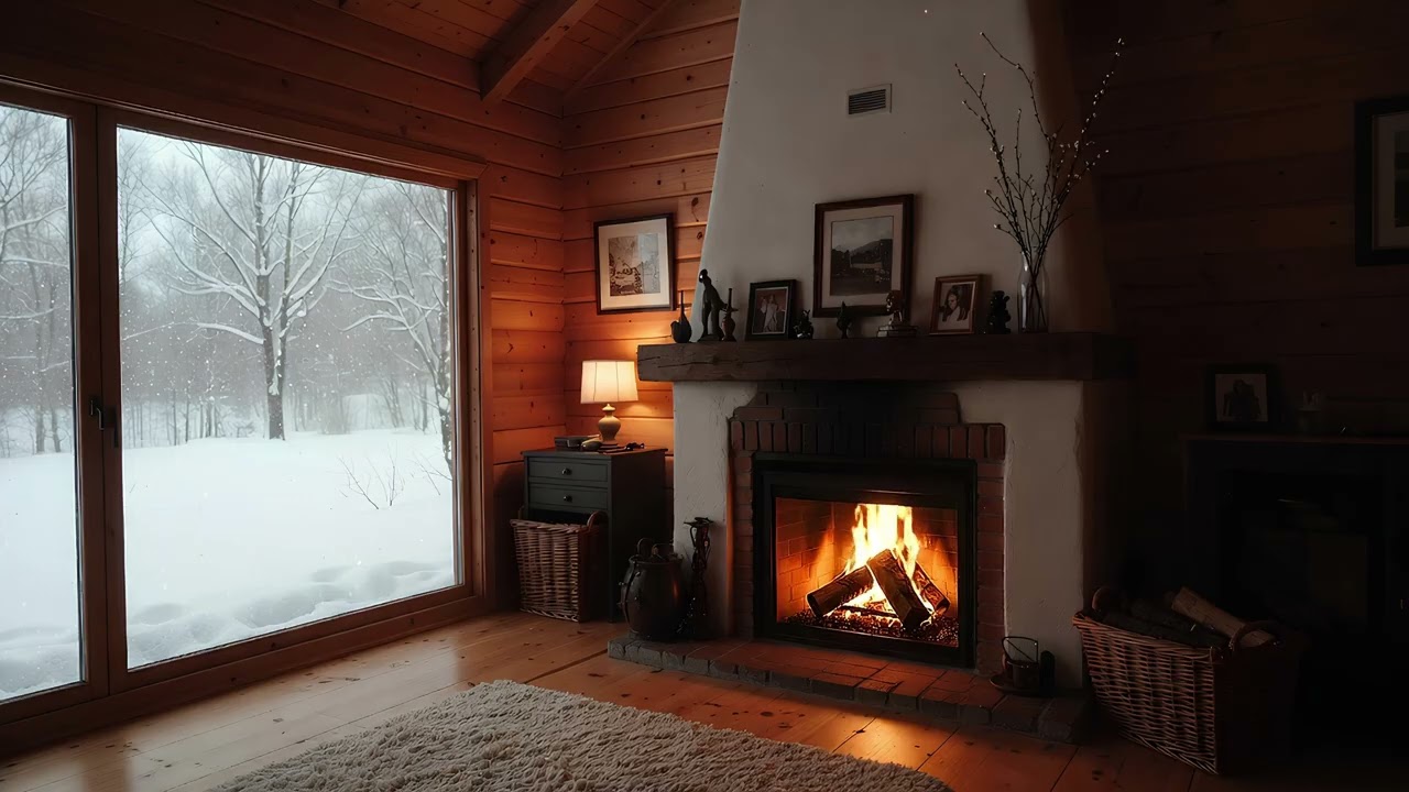 Cozy Mountain Cabin 🔥✨ | Relaxing Piano/Lo-Fi Music by the Fireplace | Snowy Sunset View, Deep Peace