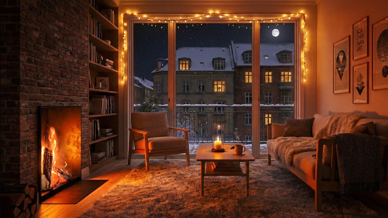 Snowfall in Copenhagen • Warm Apartment Fireplace Ambience