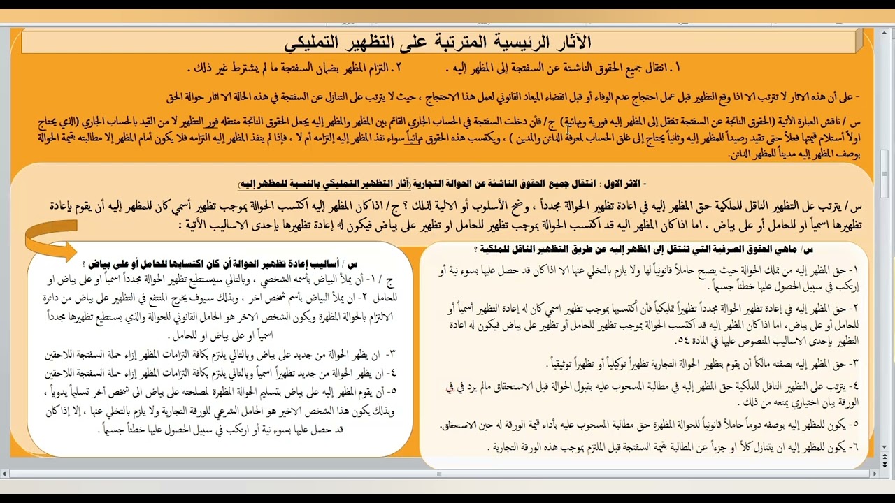 محاضرات في الأوراق التجارية - المحاضرة التاسعة: آثار التظهير الناقل للملكية