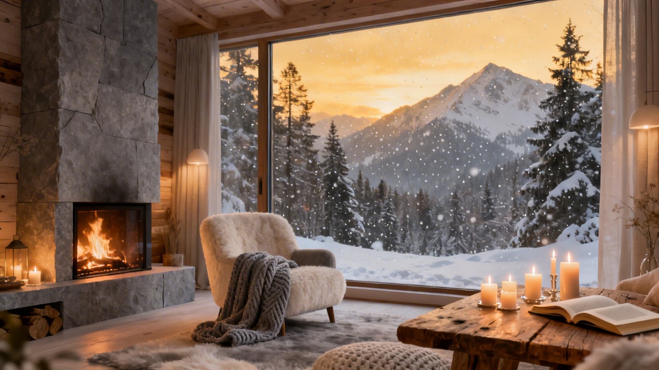Tranquil Winter Cabin Living Room ❄️ Piano & Fireplace for Stress Relief
