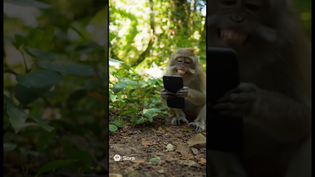 A monkey finds a telephone in the forest.