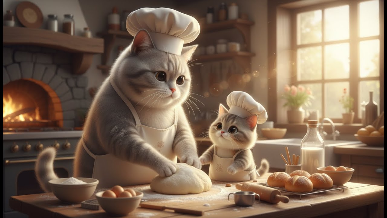 Mama cat teaching kitten how to knead bread at home