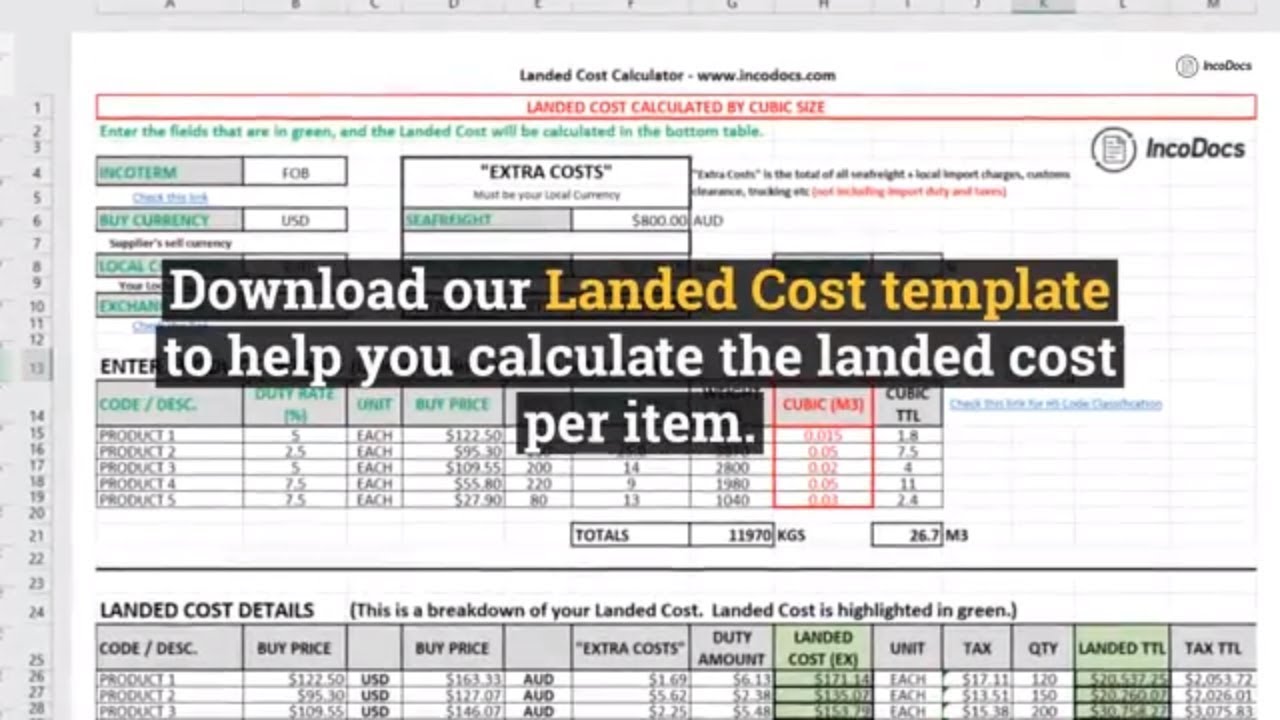 Calculate Landed Cost Excel Template for Import Export, inc. freight, customs, duty and taxes.
