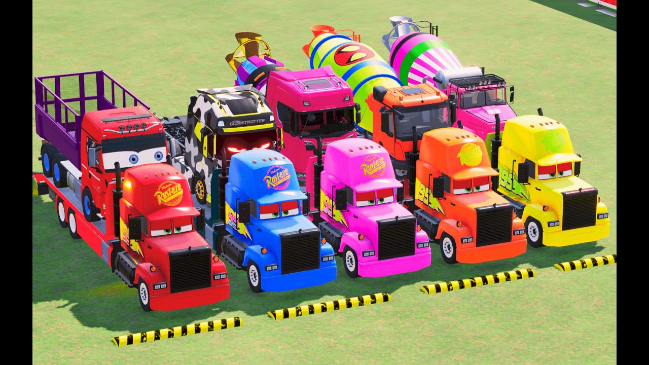 Colorful Garage FS22 - Mixer Truck With Flatbed Trailer, Volvo, Man, Mercedes Benz, Black Scania