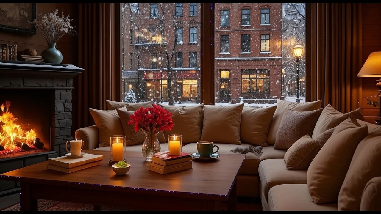 Winter Jazz with Snowfall ❄️ Warm Piano Music & Cozy Fireplace Cafe Ambience