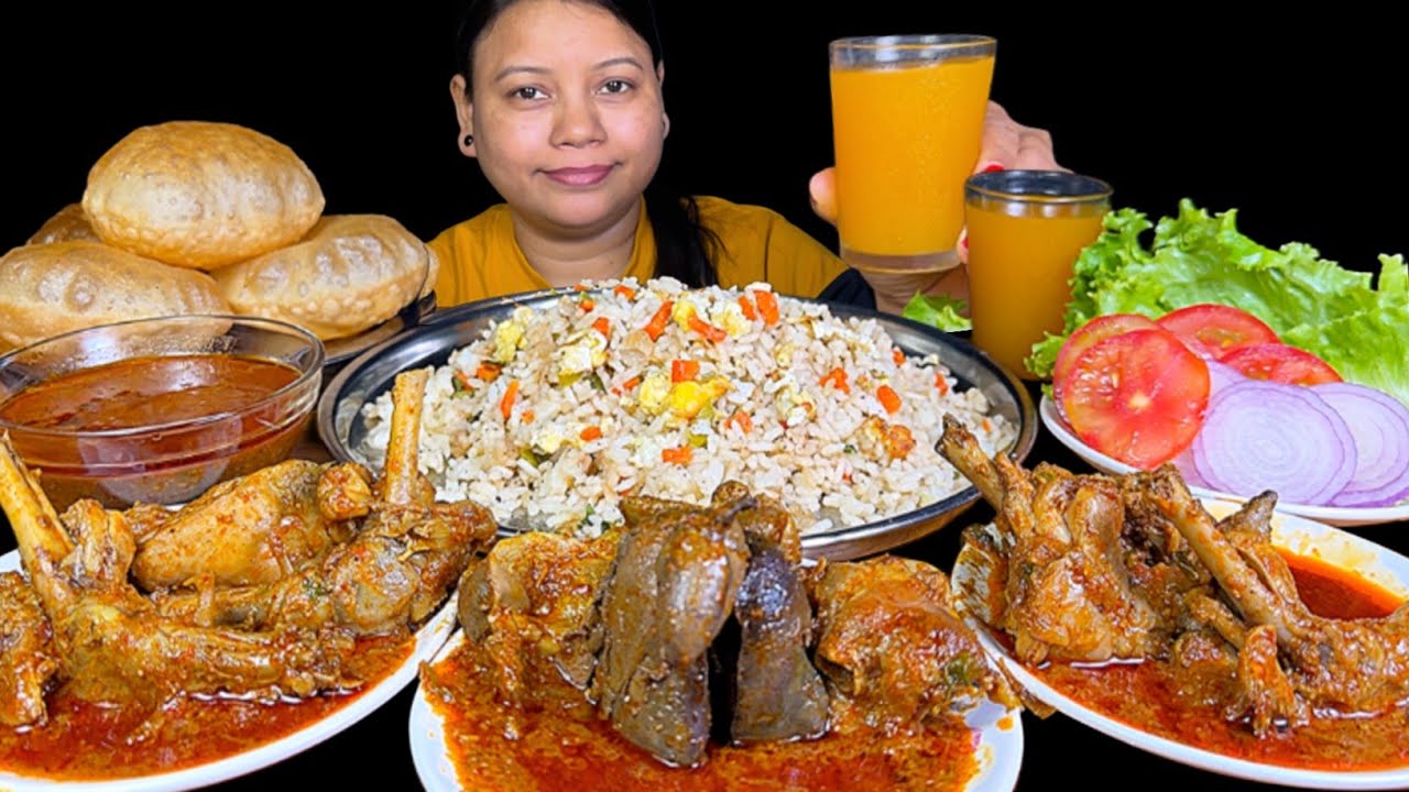 EATING EGG FRIED RICE, CHICKEN LIVER GIZZARD, LUCHI/PURI, SPICY CHICKEN CURRY & SALAD | EATING SHOW