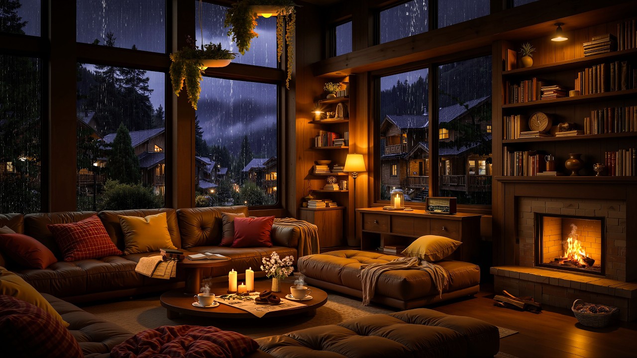 Rain Outside Jazz 🌧️ Wooden Cabin Window View with Fireplace and Quiet Night Ambience