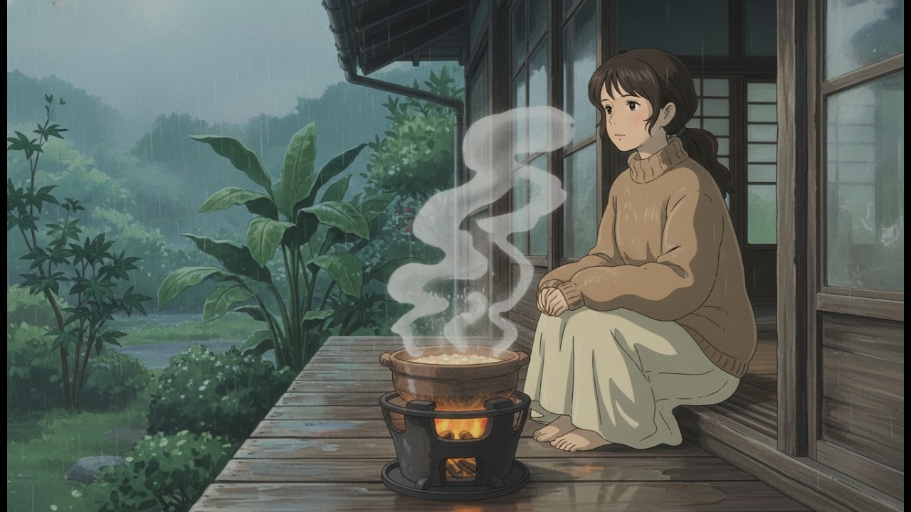 A Light Rainy Morning on the Wooden Veranda | Cooking a Hot Pot of Porridge and Waiting for Someone