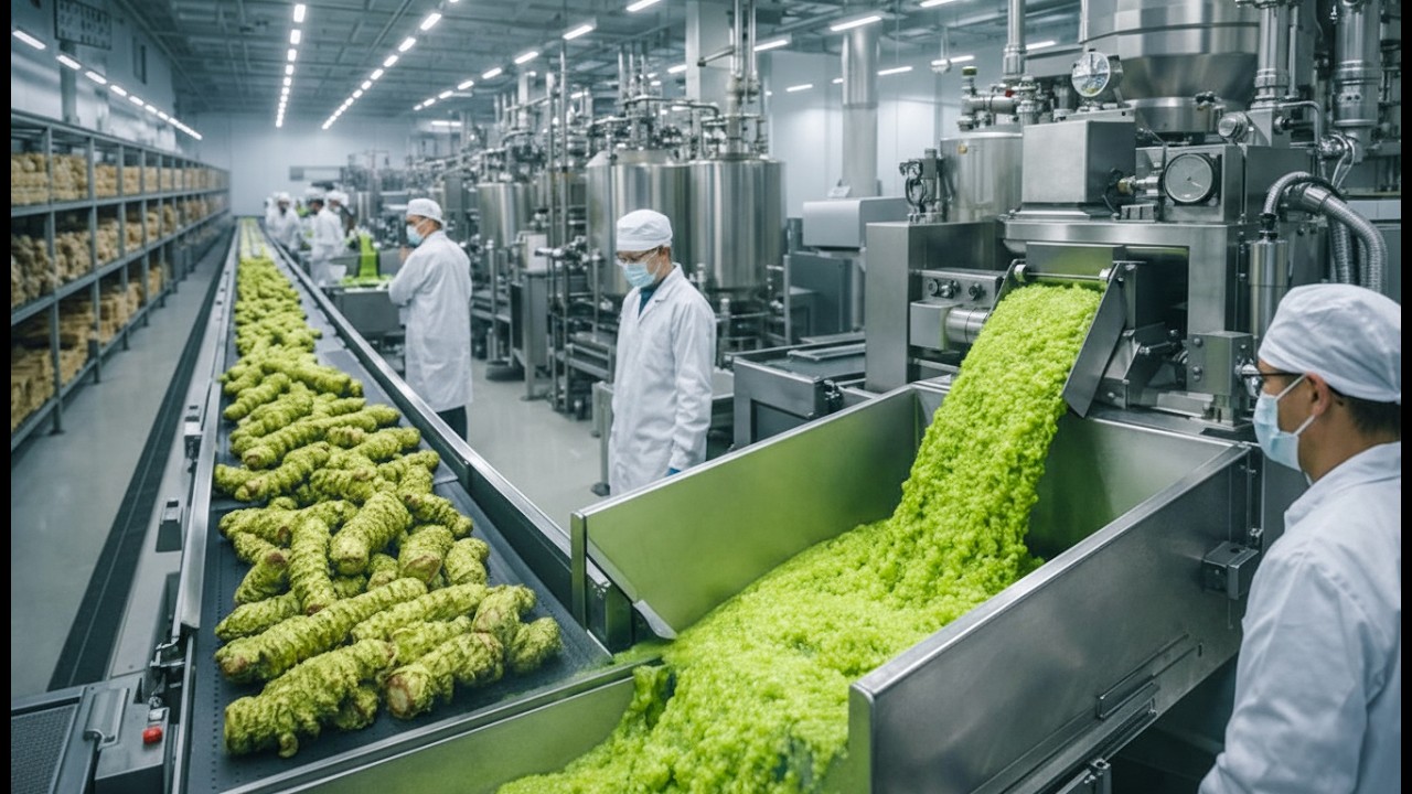 Inside a Wasabi Factory - From Fresh Roots to Spicy Green Paste 🌿🔥 (Full Process)