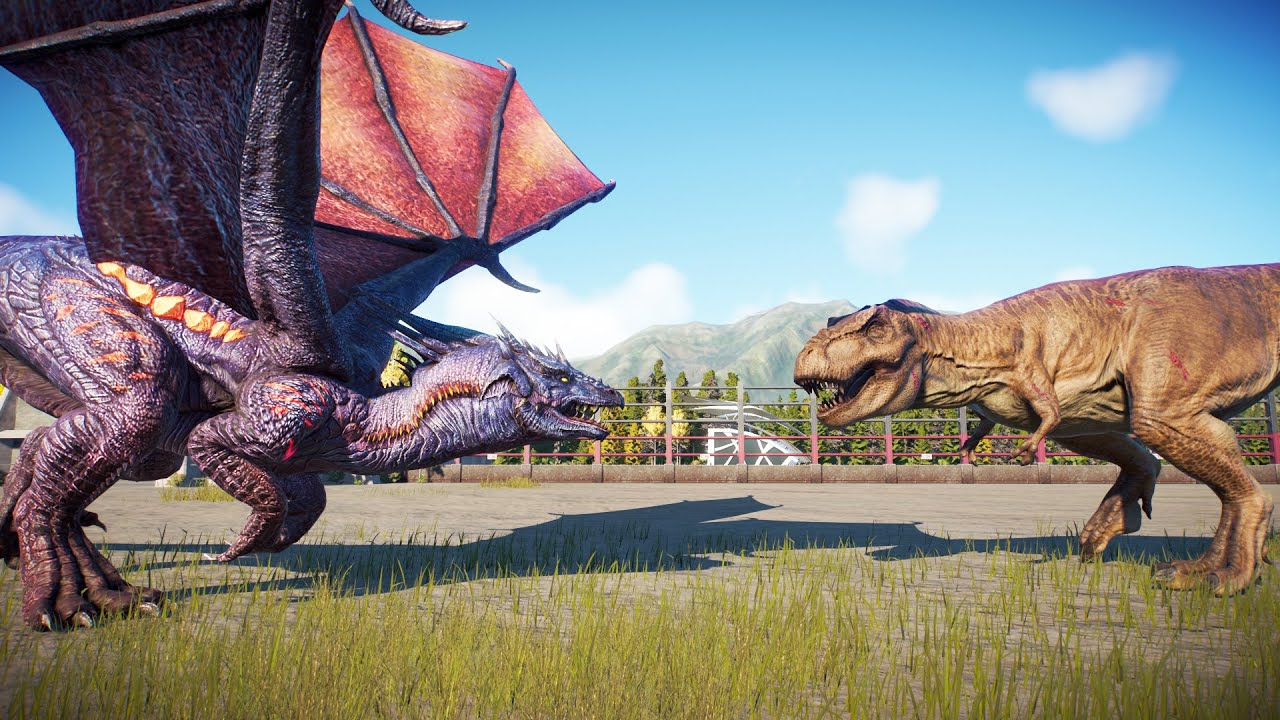 T-REX VS DRAGON (JWE Dinosaur Battle) - Jurassic World Evolution 2