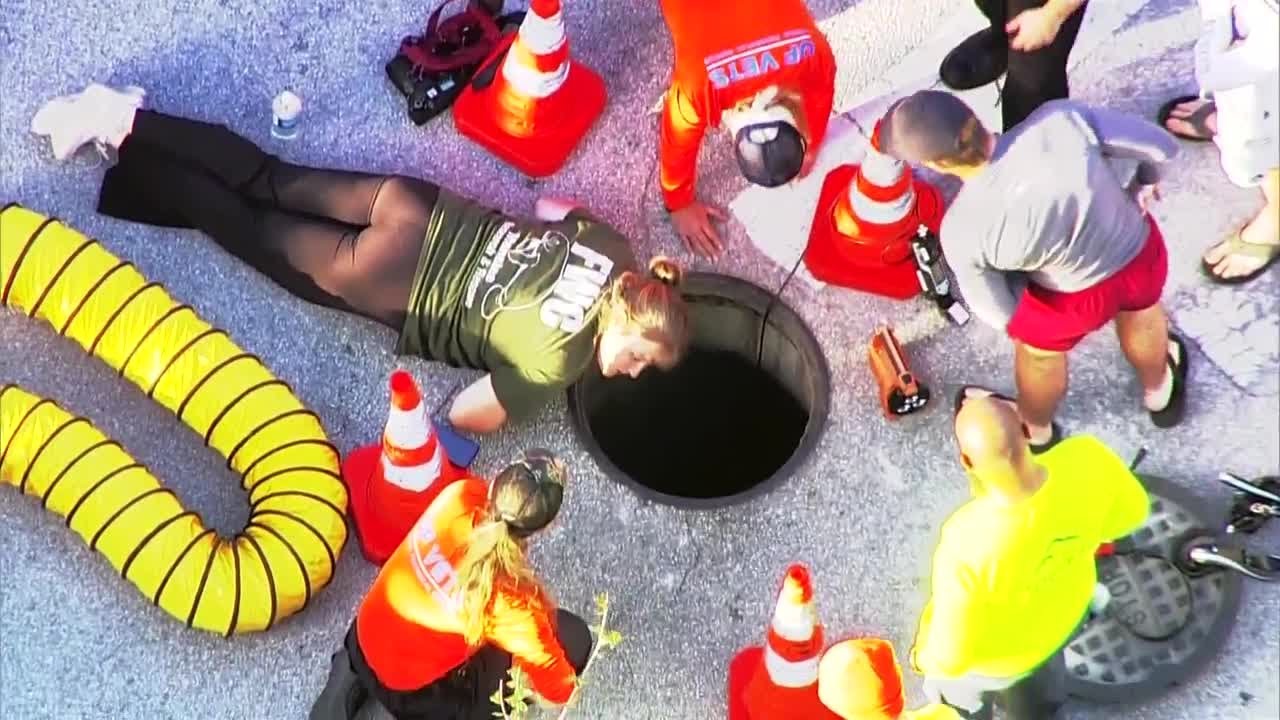 Chopper 2 over the scene in Brevard County where a manatee is stuck in a drain