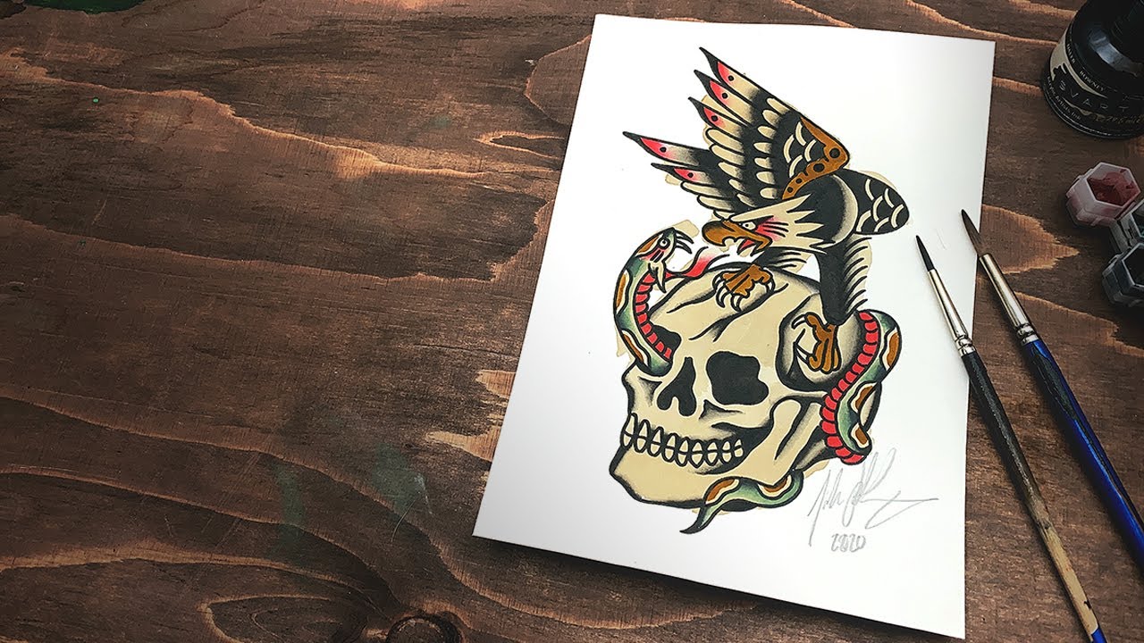 Tattoo Flash Paint Along [Dagger, Skull and Eagle]