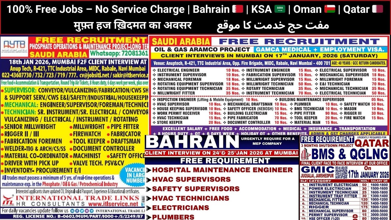100% Free Jobs – No Service Charge | Bahrain 🇧🇭 | KSA 🇸🇦 | Oman 🇴🇲 | Qatar 🇶🇦, Free Hajj Khidmat job