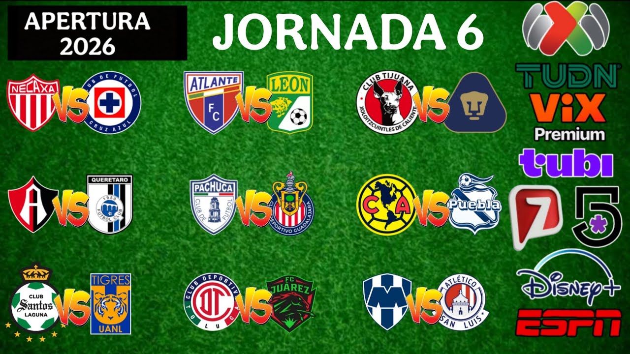 FECHAS,HORARIOS Y CANALES PARA LA JORNADA 6  DE LA LIGA MX APERTURA 2026
