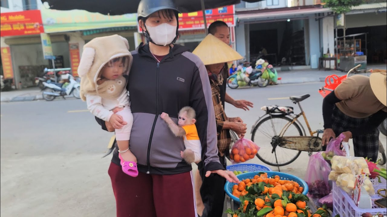 Tini the monkey and the baby go to the market with Mom to buy food.