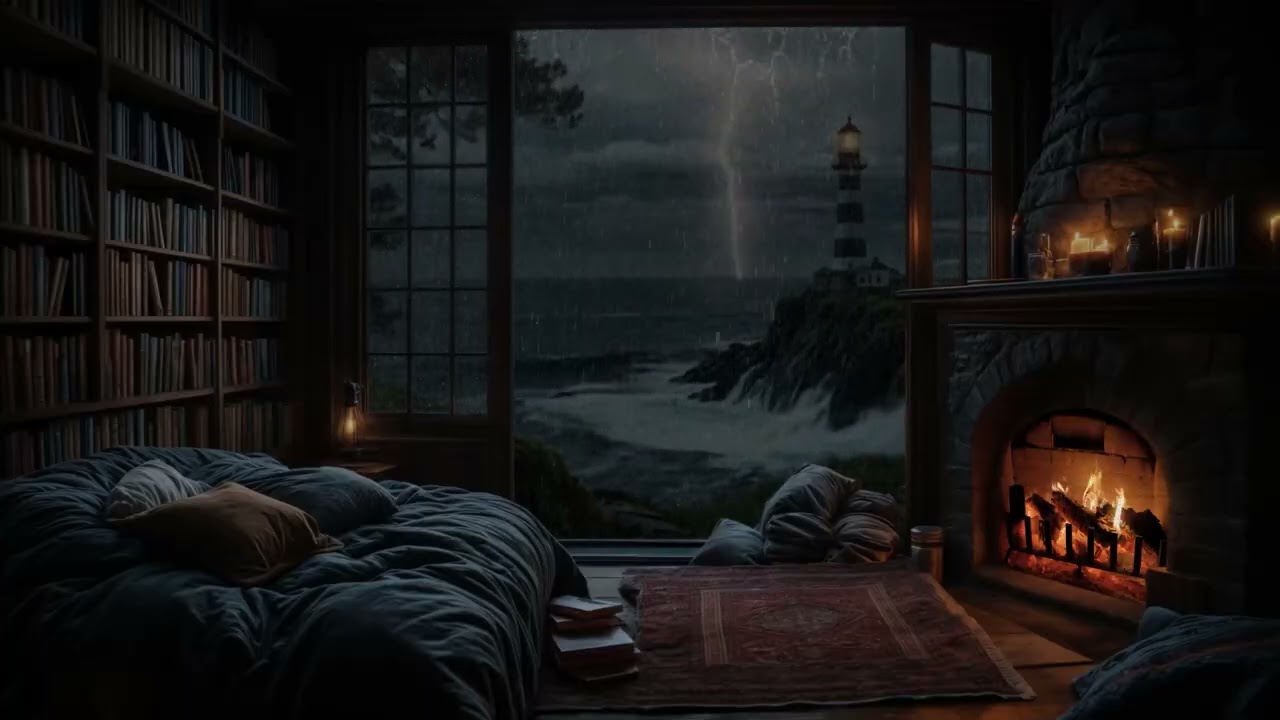 Castle View with Moody Rainy Night | Fireplace, Rain,Lightning Sounds for Deep Sleep & Relaxation🌧️🔥