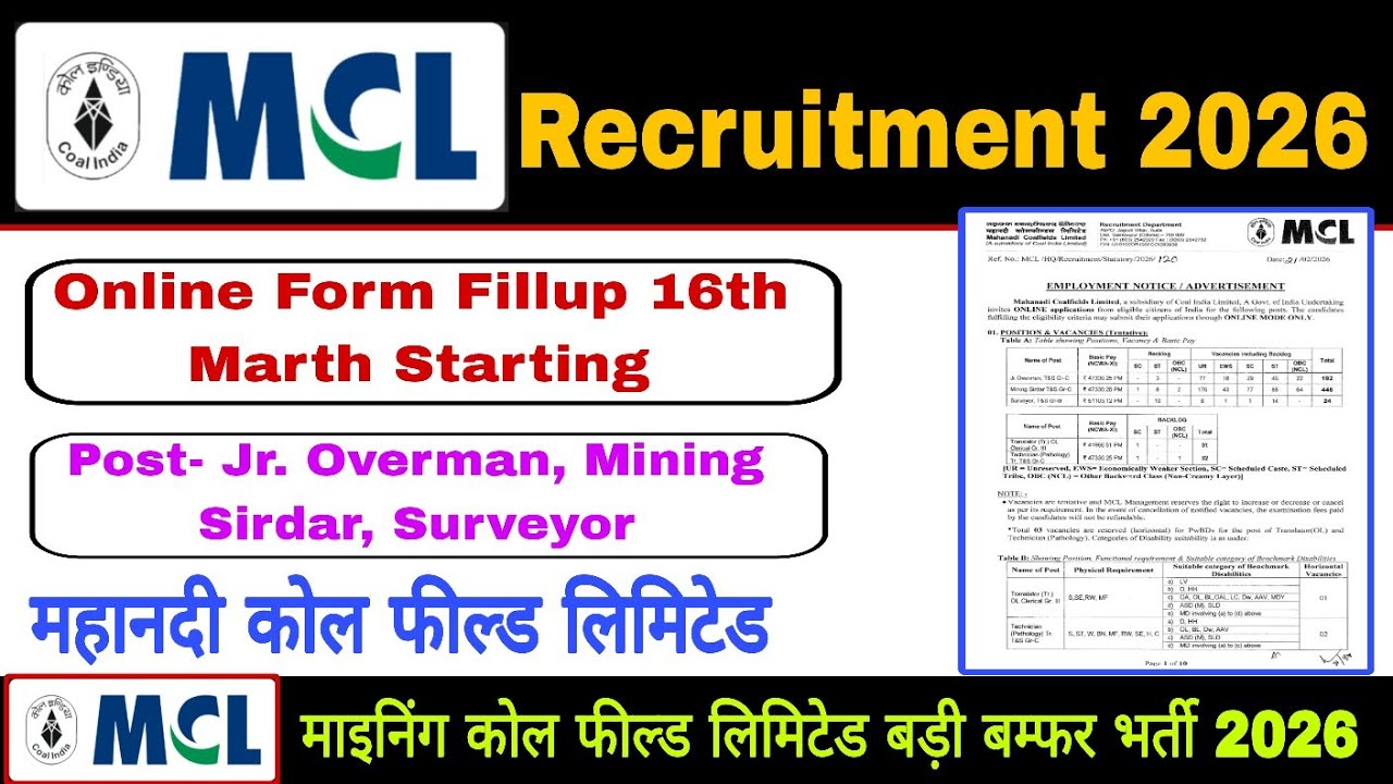 MCL Mining Sirdar Vacancy 2026|MCL Recruitment 2026|MCL Jr Overman&Surveyor Vacancy 2026?