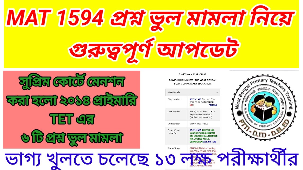২০১৪ প্রাইমারি টেটের প্রশ্নভুল মামলায় ৬ নম্বর পেতে চলেছেন প্রত্যেকে| mat 1594 case update today 
