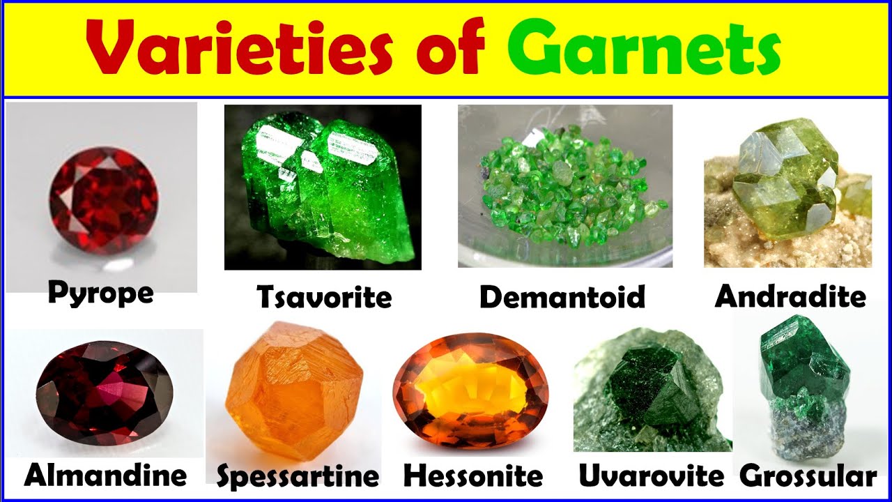 Varieties of garnets, gemstones, Pyrope, Almandine, Spessartine, Demantoid, Tsavorite
