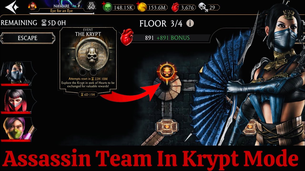The Elder Krypt Floor 4/4 Gameplay with Assassin (Jade, Kitana & Skarlet) Team MK Mobile