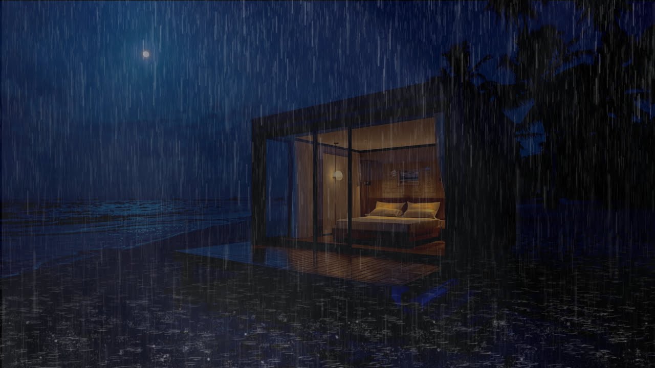 Deep Sleep in a Glass House by the Ocean 🌧️ Night Rain & Wave Sounds