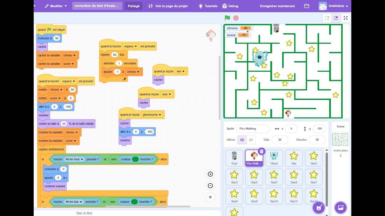 correction du test d'évaluation Jeu de labyrinthe Scratch  part2