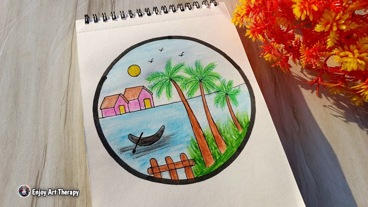 Circle Scenery Drawing With Pencil Colour | Pencil Colour Scenery Drawing | Pencil Colour Drawing 
