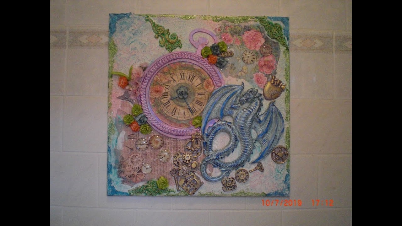 Mixed Media Bild mit Drachen und Uhr auf Leinwand 50x50 cm