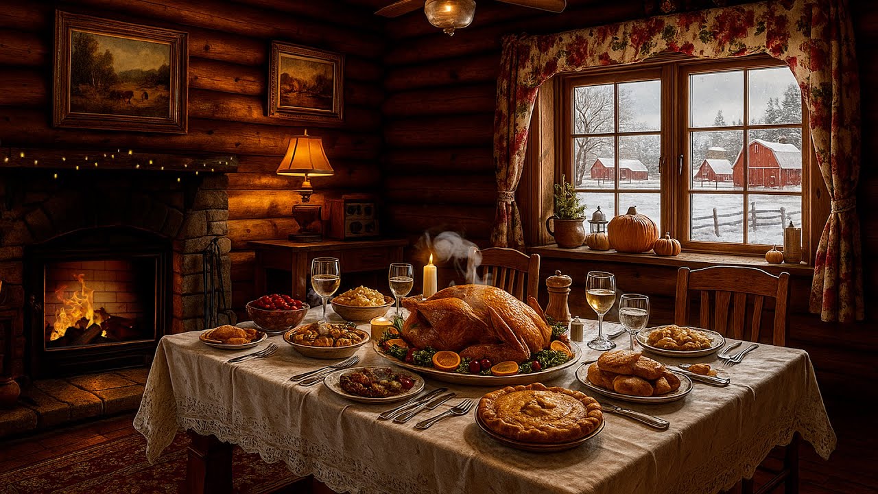 🍁🏡 Grandma’s Cozy Thanksgiving Kitchen | Crackling Fireplace & Snowy Window Ambience 🔥❄️