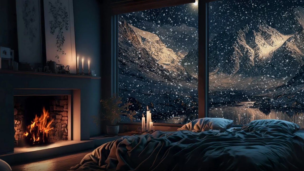 Relaxing Blizzard with Cozy Crackling Fireplace and Scenic Mountains for Sleep and Stress Relief