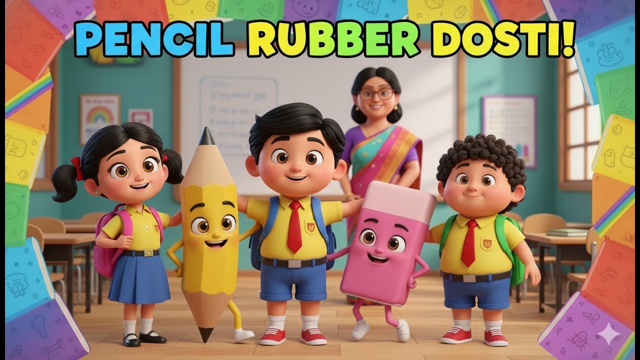 Pencil Rubber Ki Dosti ✏️🧽 | Learning Song for Kids | Hindi Nursery Rhymes | 3D Kids Animation