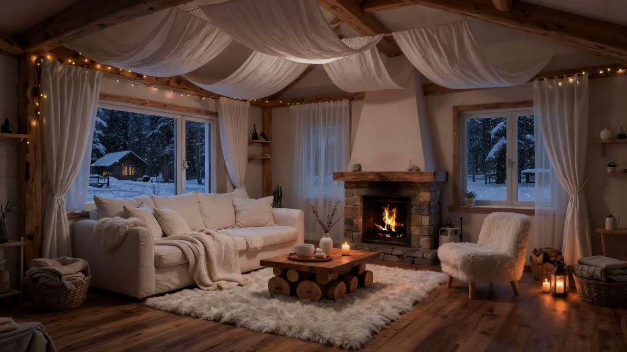 Quiet Snowy Living Room & Peacefull Night ❄️ Soft Piano & Fireplace Ambience for Calm Focus