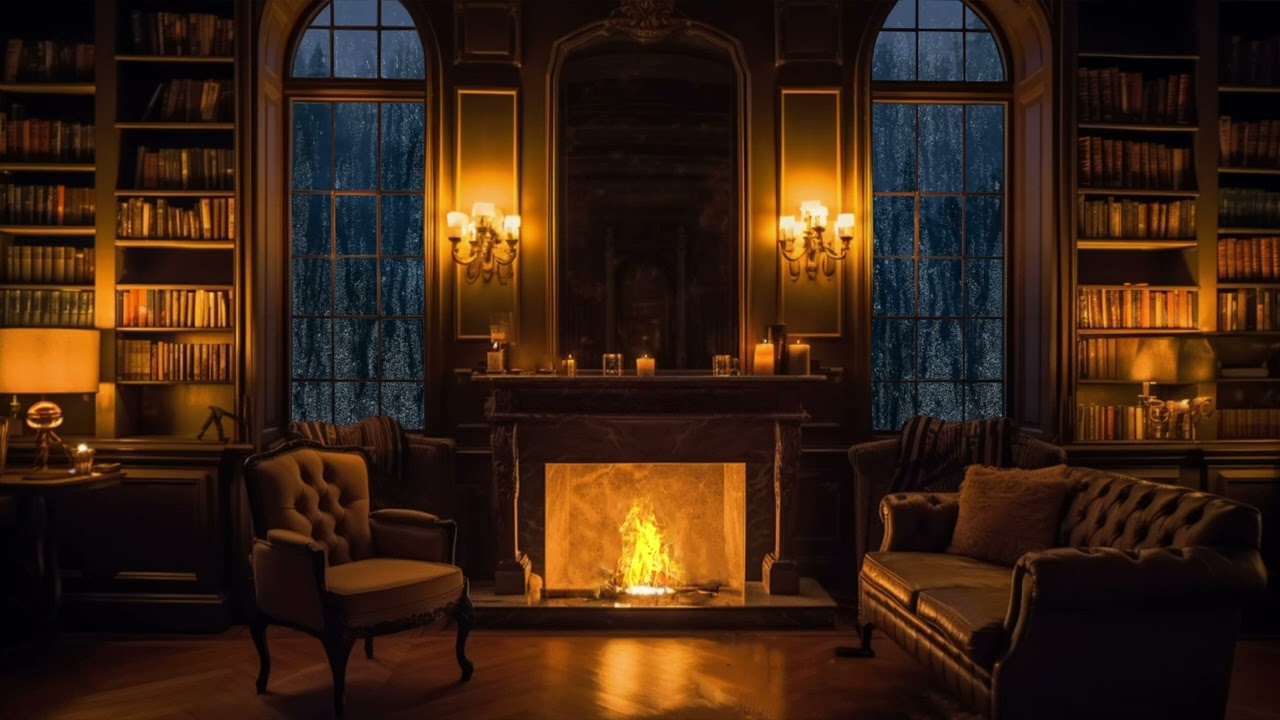 Enjoy a Relaxing Evening in Cozy Old Library with Rain Sounds and Thunder, Warm Fireplace
