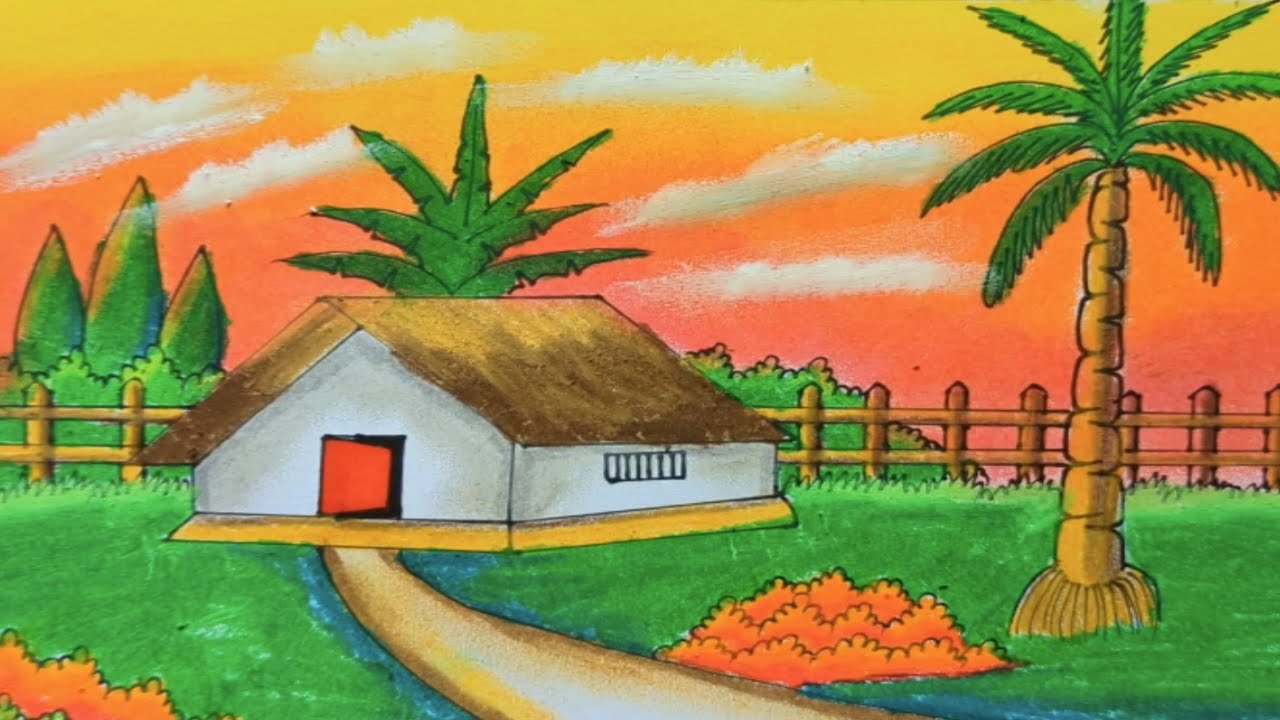 How to Draw Beautiful Village Scenery Drawing with Oil Pastel | Easy Nature Drawing Step by Step