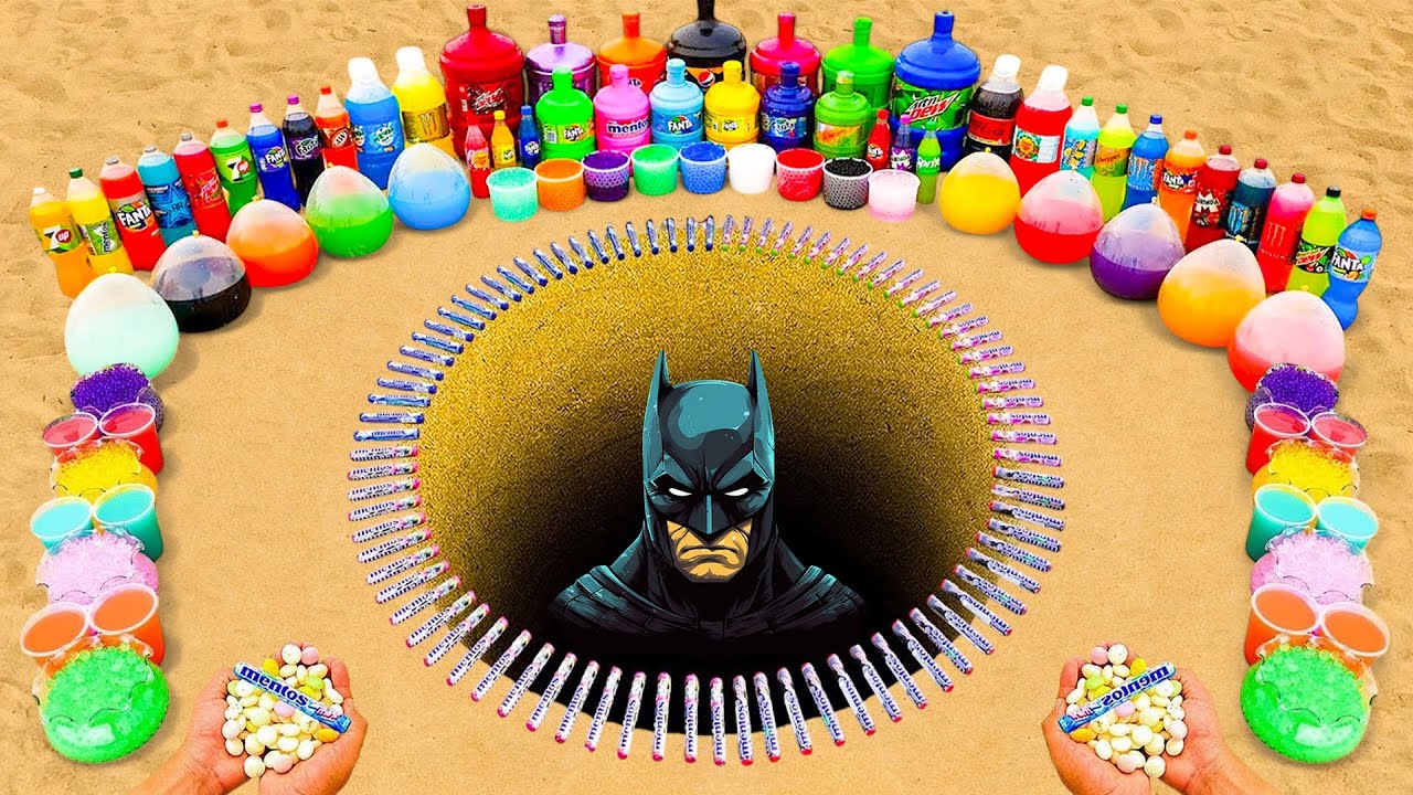 Experiment: Batman pit Eruption from Orbeez, Soda & Pepsi, Mtn Dew, Coca Cola vs Mentos Underground