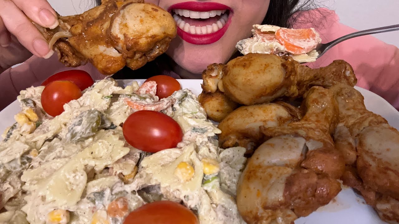 Mukbang pasta salad and chicken| موکبانگ سالاد ماکارانی با رون مرغ