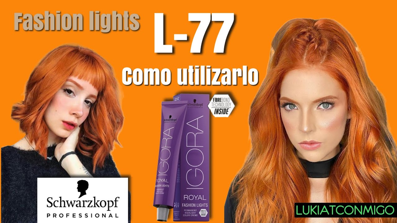Igora Fashion lights L-77 color cobre sin decolorar y sobre cabello teñido de color oscuro.