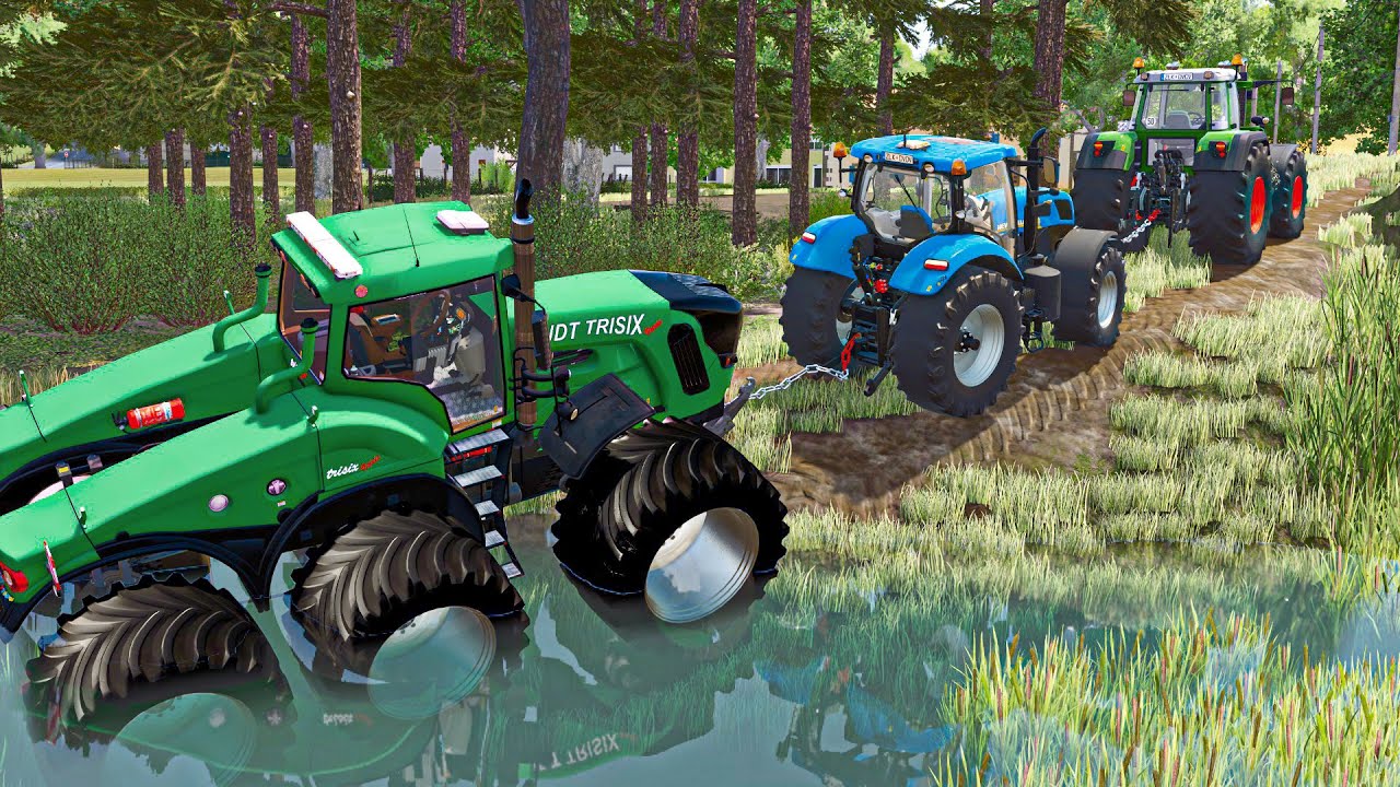 Struggling at Towing Big Fendt Trisix with 2 Tractors stuck in the Water | Farming Simulator 25