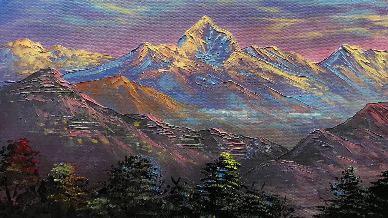 Sunset Mountain Range, Hills and Trees Painting