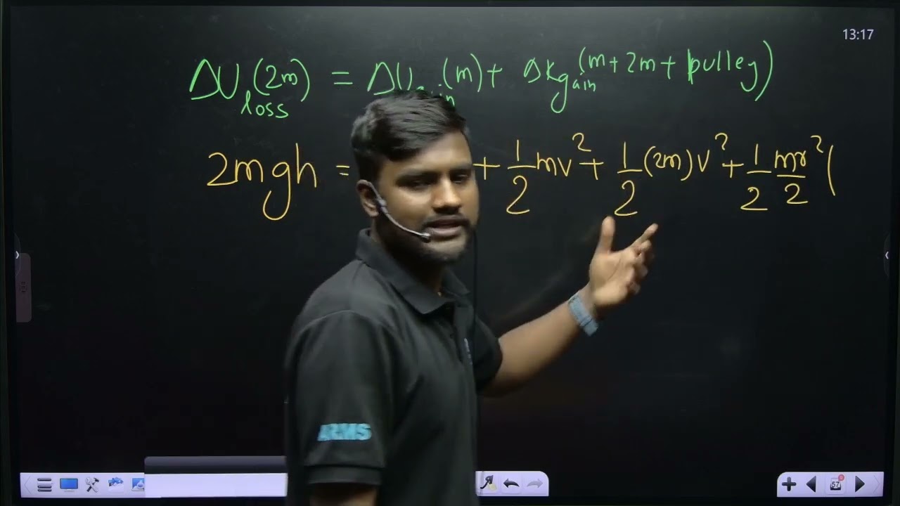 Two masses m and 2 m are connected by a light string going over a pulley (disc) of mass 30 m with