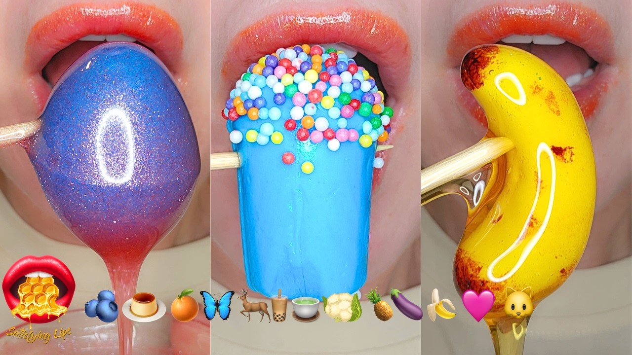 Satisfying ASMR Eating Sounds Emoji Food Challenge Honey Jam Filled Gummies Fondant