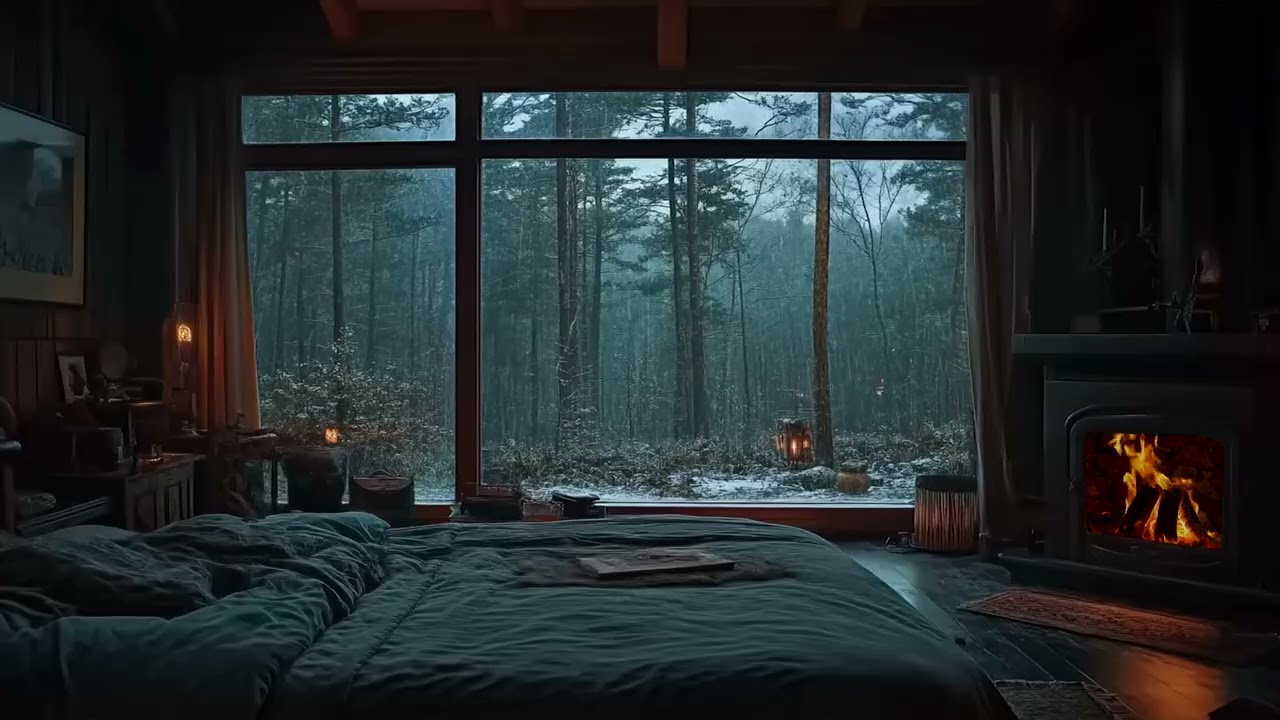 Heavy Rain at Night in Log Cabin with Fireplace 🔥 Cozy Bedroom Ambience for Deep Sleep