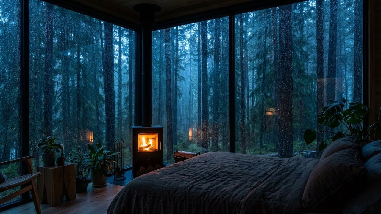Heavy Relief: Rain Sounds & Cozy Cabin Fireplace Forest View for Fast Sleep and Anxiety 🌙