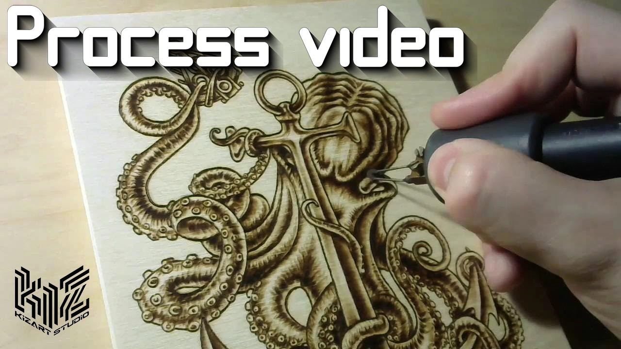 Drawing on wood with hot wire - Kraken | neo traditional style