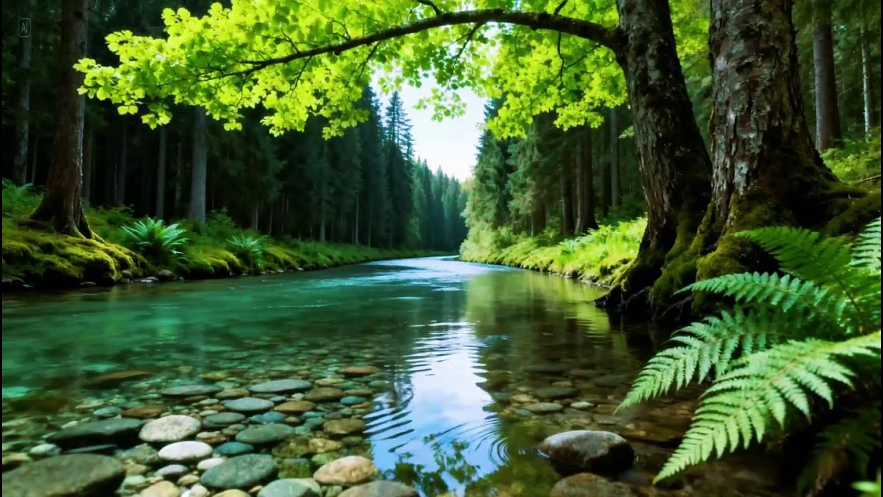 Tranquil Forest Nature Ambience | River Flowing in Hidden Forest | Gentle Birds Chirping Ambience