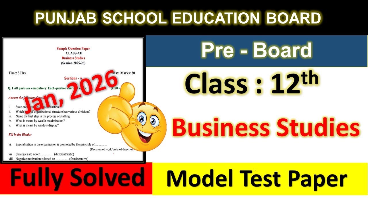 Business Studies Class 12 Pre Board Paper 2026 | pseb 12 class business pre board paper 2026 solved