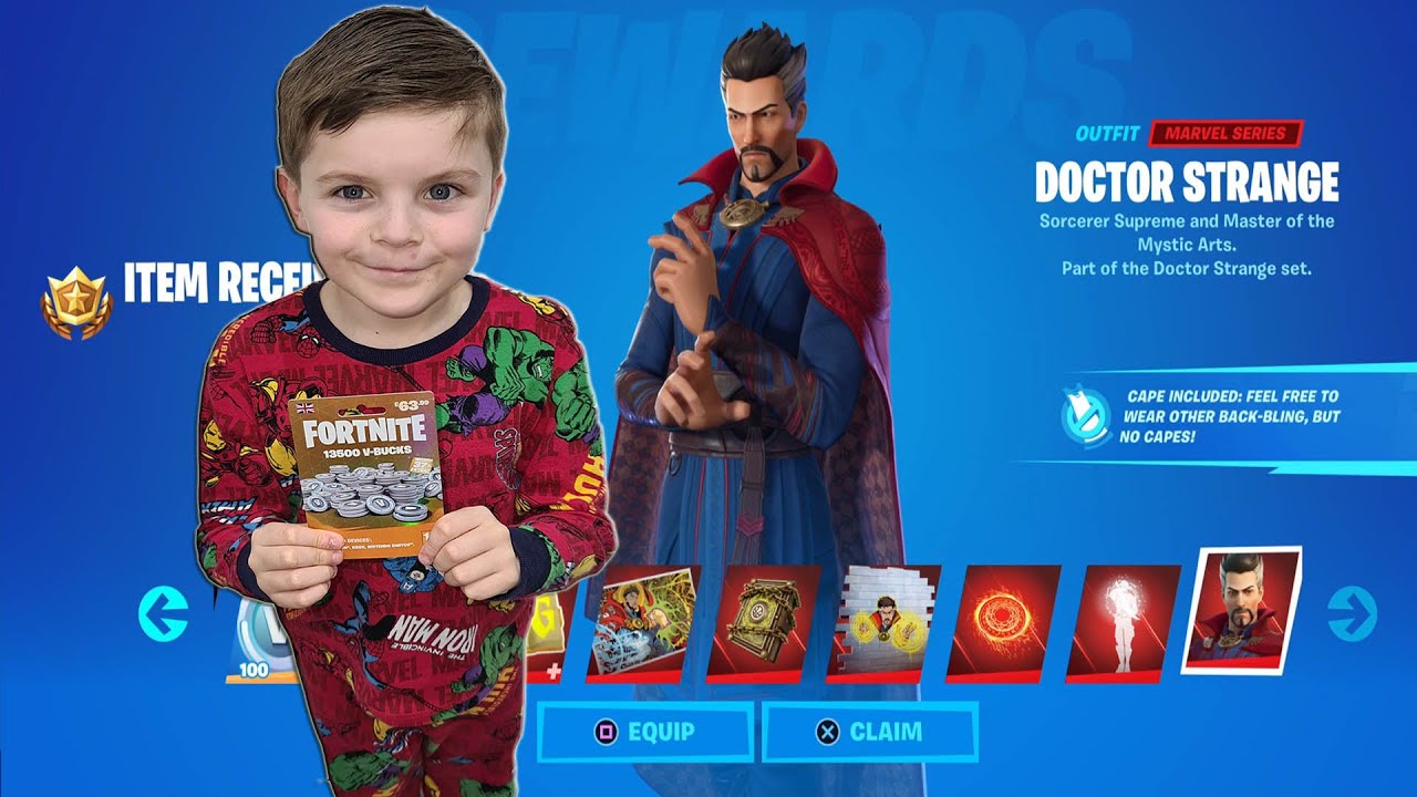 Giving My 8 Year Old Kid 13,500 Fortnite V-Bucks To Unlock Tier 100 Battlepass Skin DOCTOR STRANGE