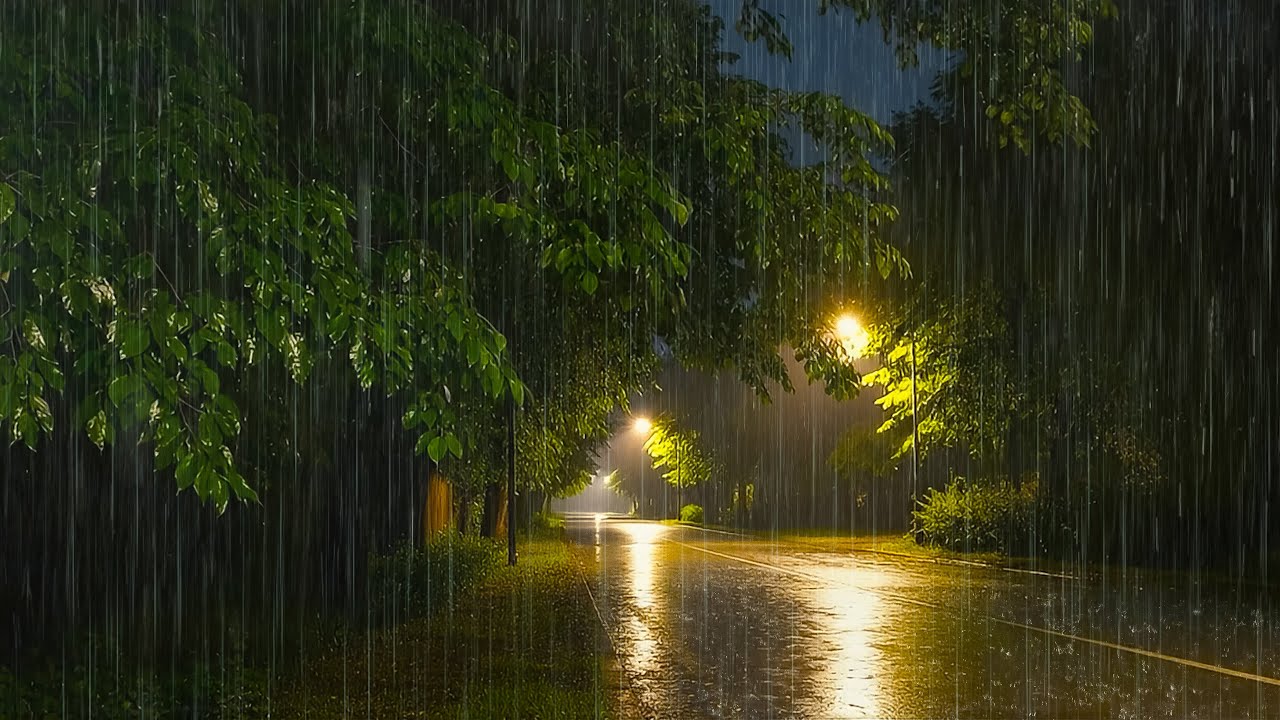 Heavy Rain Falling on Empty Street | ASMR Rain White Noise to Sleep Deeply & Ease Stress